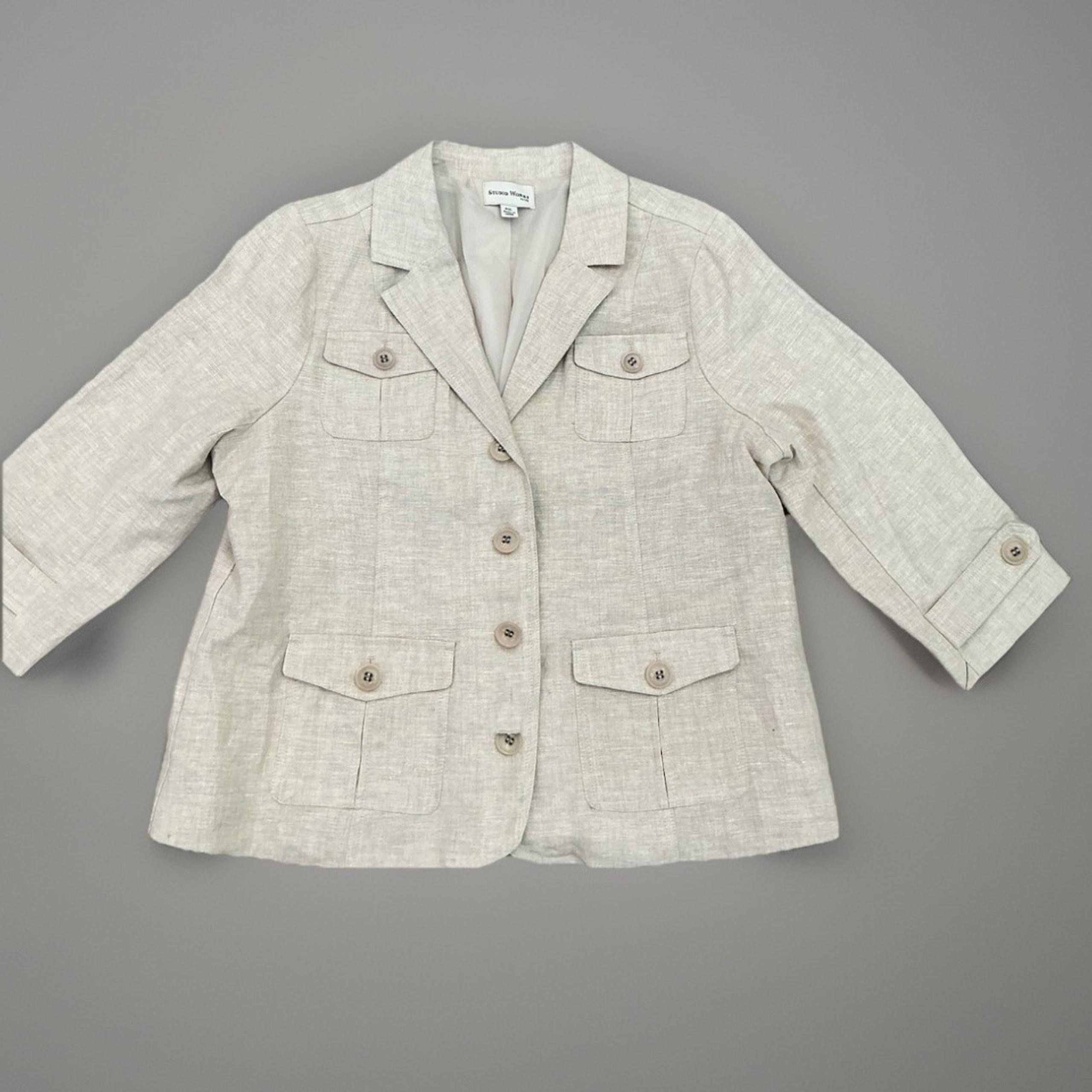 NWT Studio Works Linen Blend Blazer 3/4 Sleeve Button Front PXL Petite