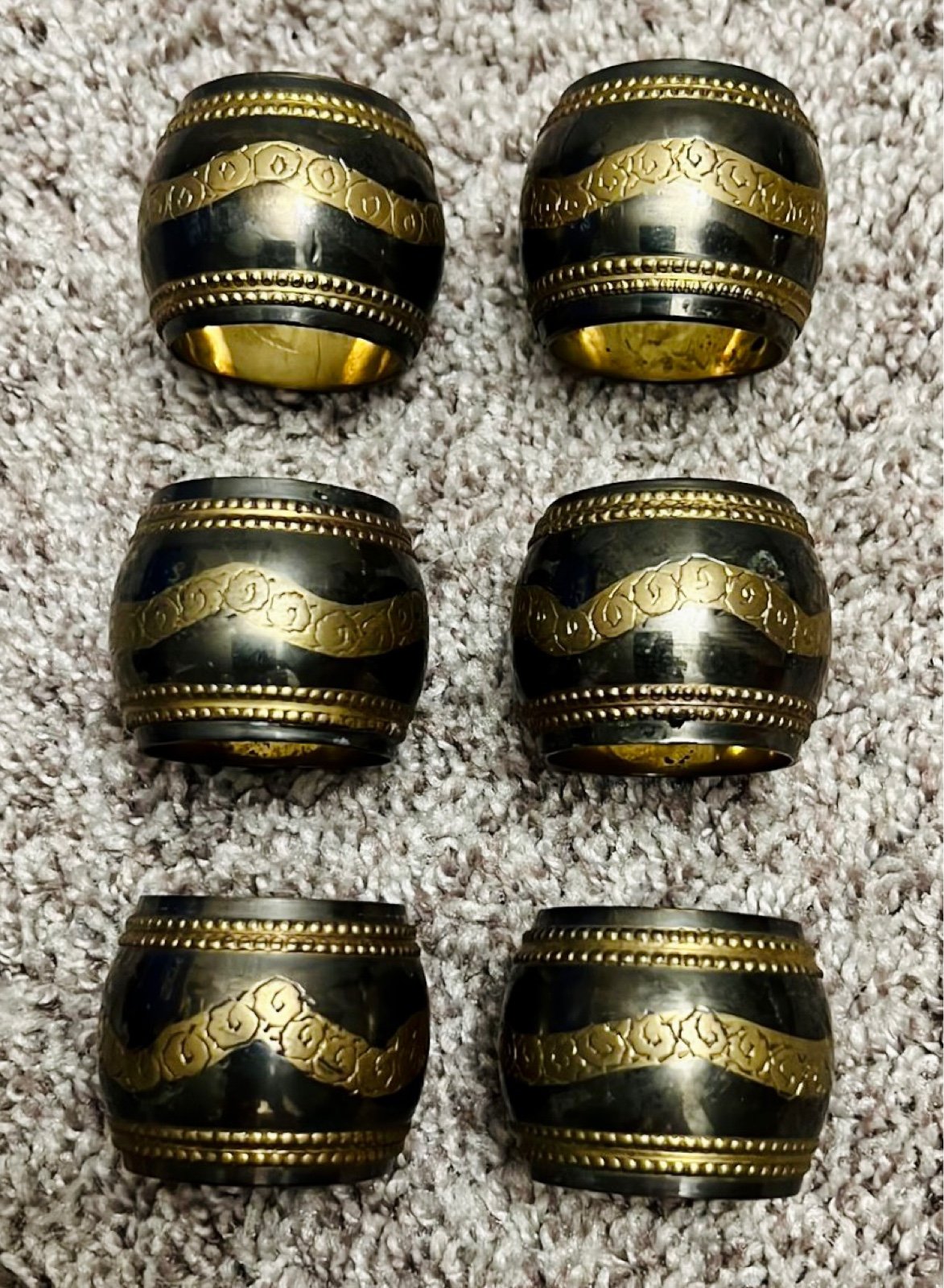 Vintage Set Of 6 Embossed Brass Napkins Rings