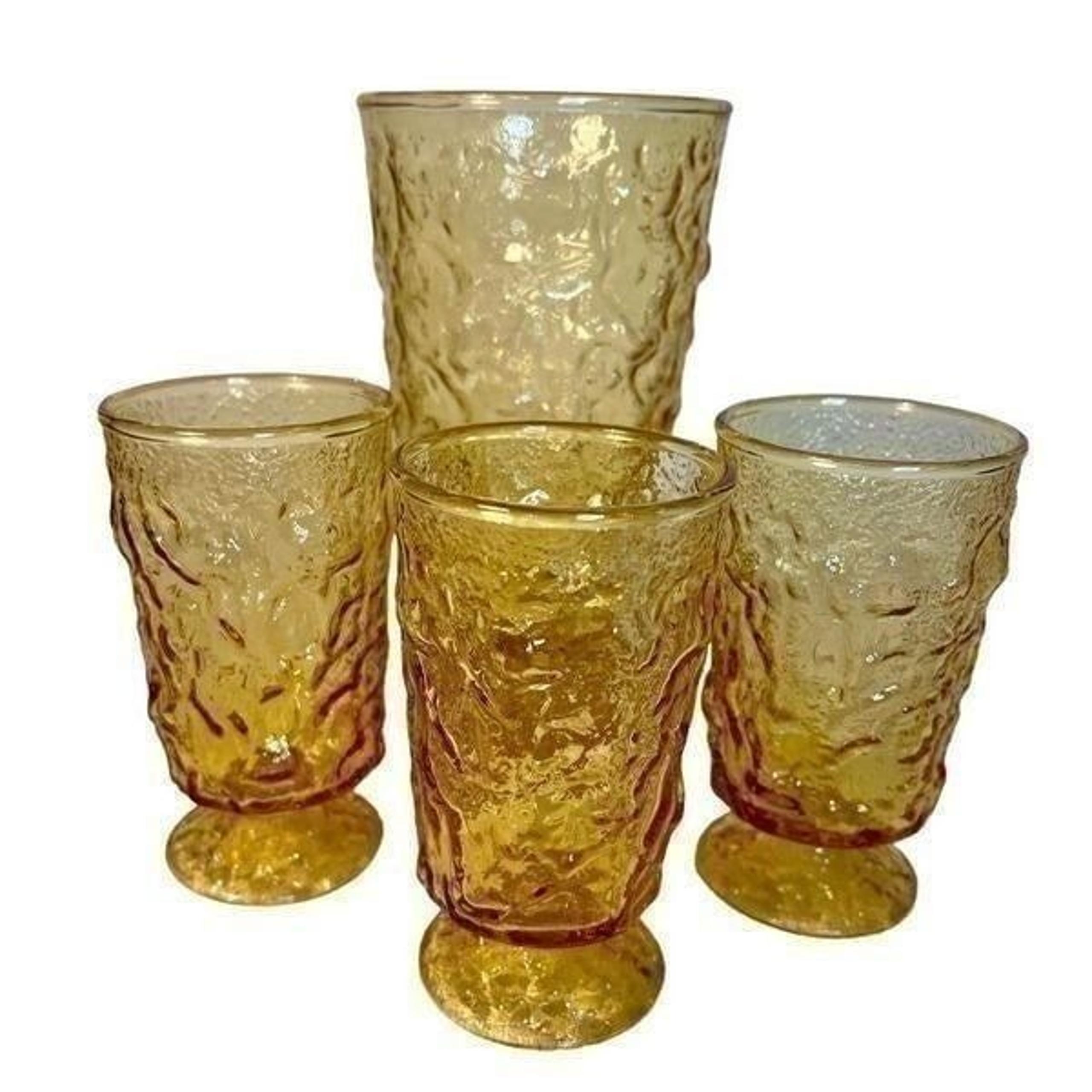 Anchor Hocking Vintage Lido Milan Amber Honey Crinkle Glasses 3 Juice, 1 Tumbler