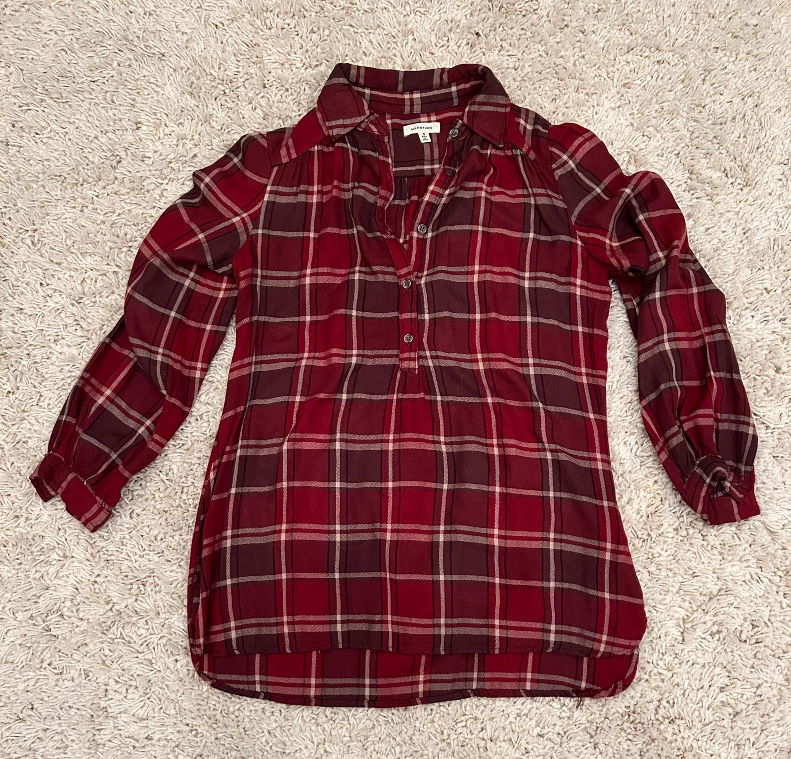 Max Studio Flannel Shirt Size Small 3/4 Button Roll Up Sleeve Red Plaid Womens.