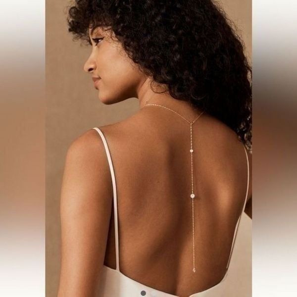 Anthropologie Lorraine Back Necklace Wedding Jewelry Gold Chain 4 Crystals