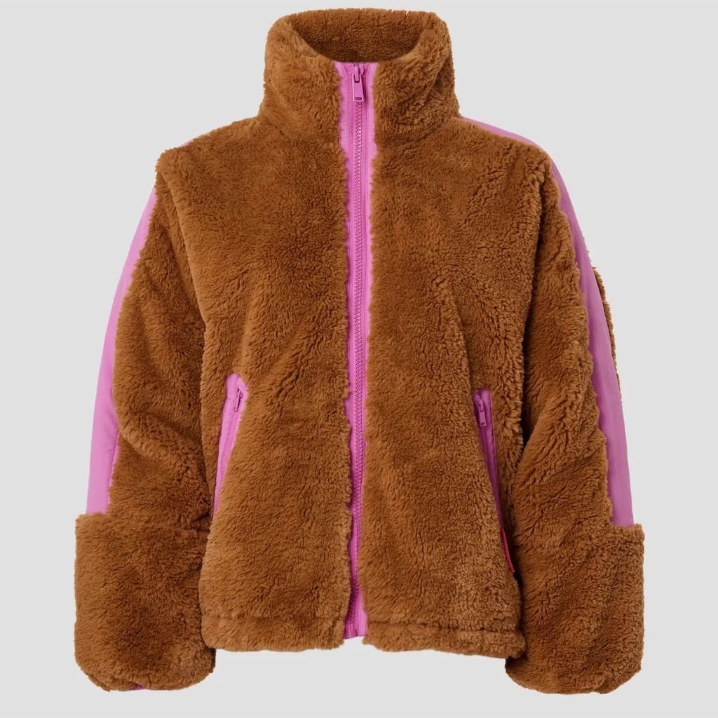 OOF Women's Faux Fur Brown/Pink High-Neck Jacket Size 42 (Medium)