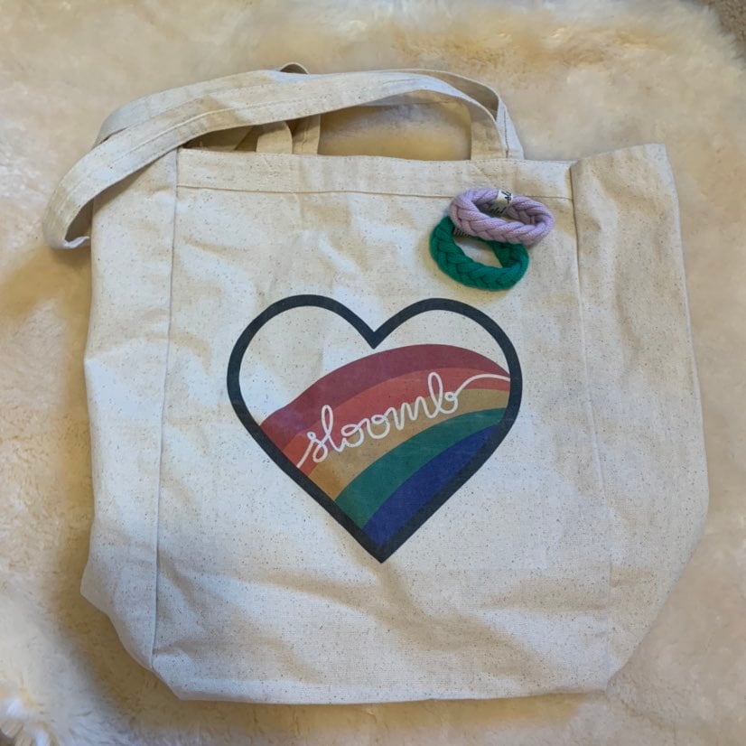Sloomb rainbow tote and wool bracelets