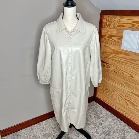 7 For All Mankind Beige Faux Leather Button Up Long Jacket Trench Coat Large