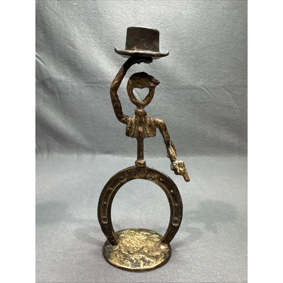Cowboy Gunslinger Hat Horseshoe Brass Patina Candle Stick Holder 8.5
