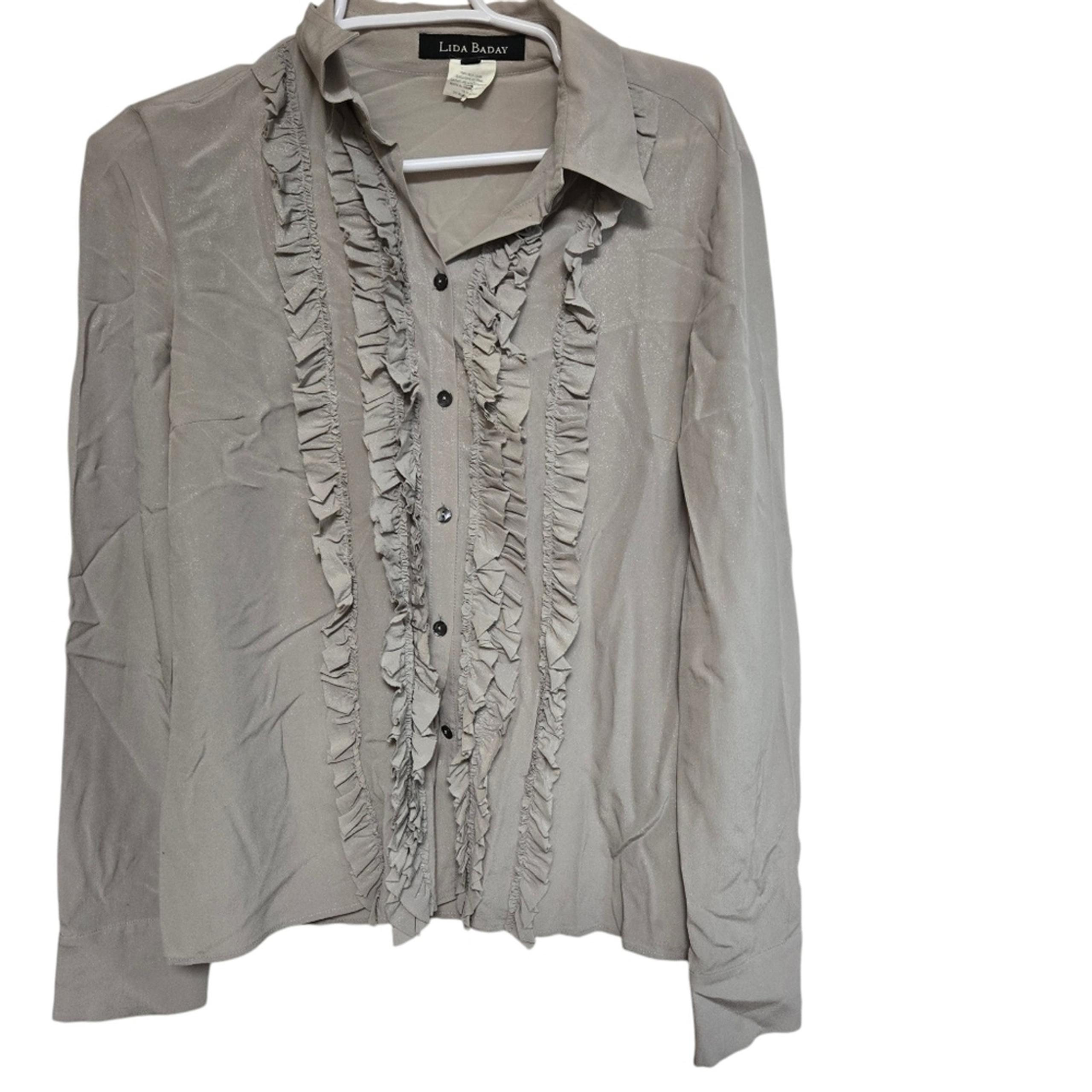 Lida baday blouse womens size 10 gray grey silver shiny silk peasant top