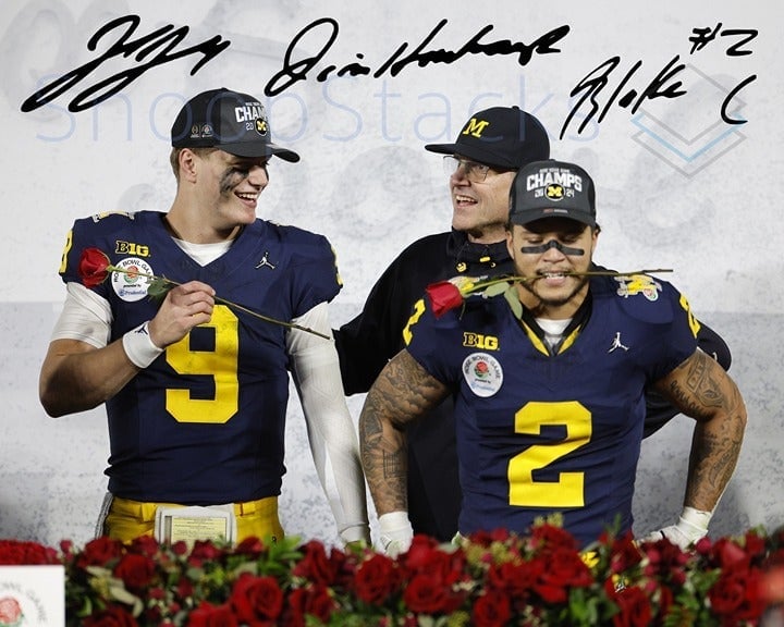 J.J. McCarthy Blake Corum Jim Harbaugh Signed 16x20 Glossy RP Photo Michigan