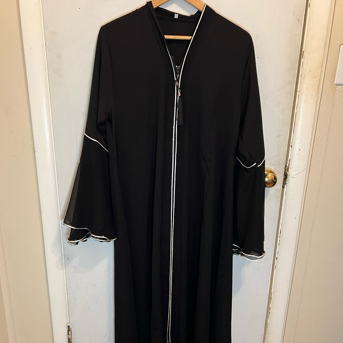 Black Long Bell Sleeve White Trim Zip Down Heavy Vampire Maxi Dress Robe