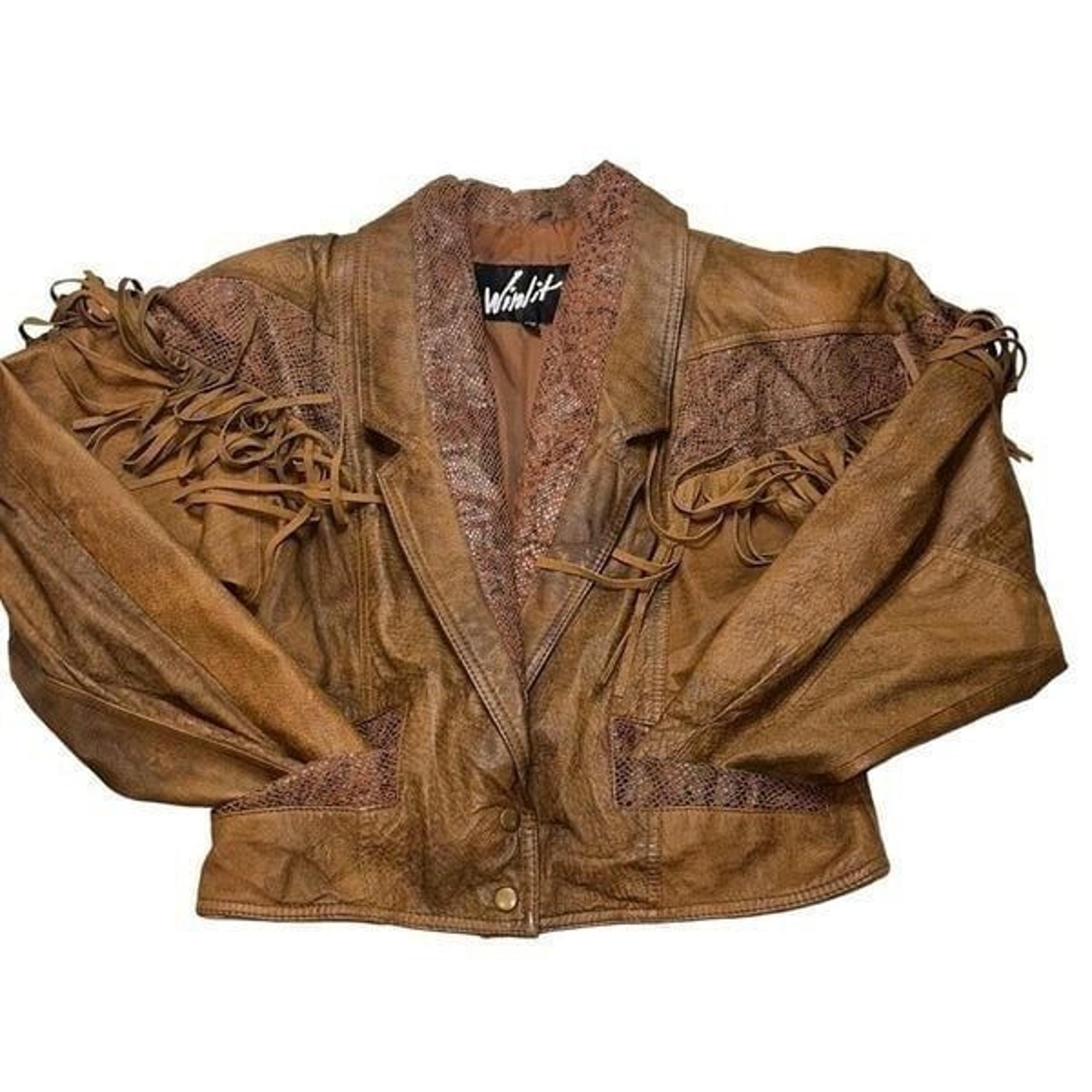 Winlit Crop brown tassel Genuine Leather Jacket sz M ( VTG large) biker 80’s