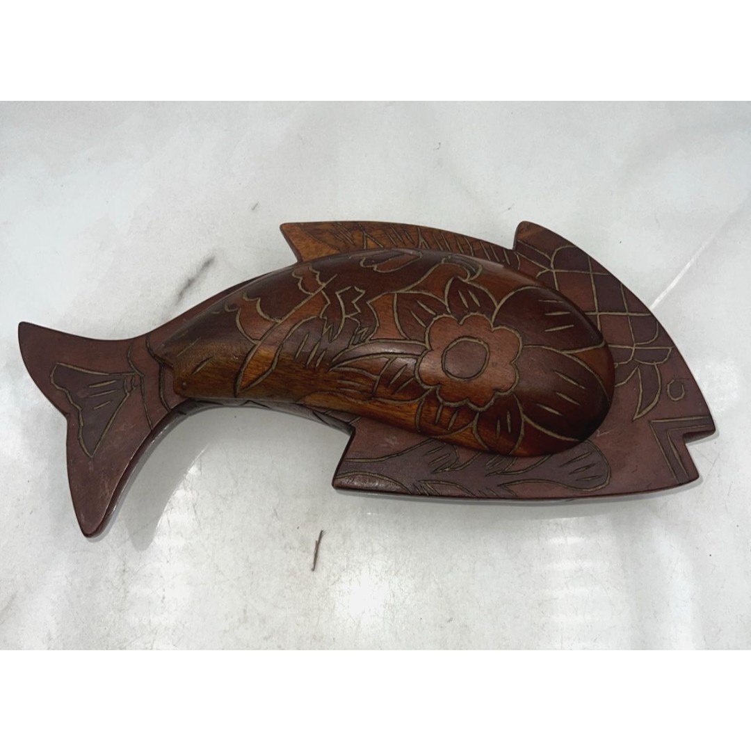 Vintage Hand Carved Wood Carving Old Fish Serving Tray Box Exotic Dish With Lid