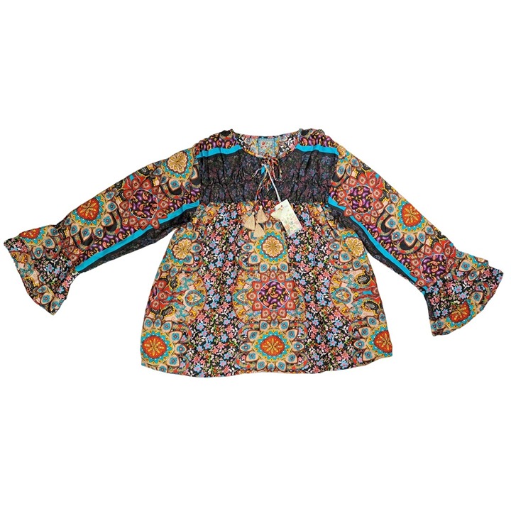 Johnny Was Mandala Margot Blouse Bohemian Women Size Large Silk Ruffle Sleeve
