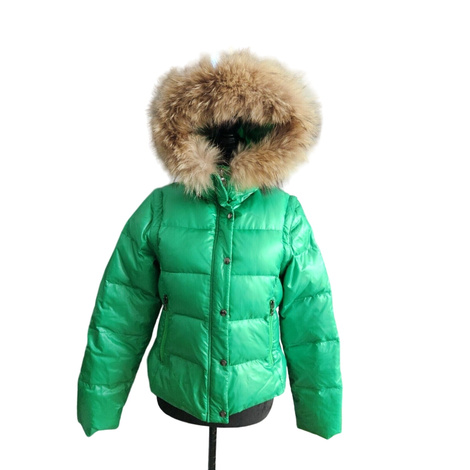 Mark Mark goose down Green puffer jacket Fur Trim Hoodie Removable Sleeves S