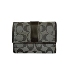 Coach Signature Gray Monogram Jacquard Brown Leather Trim Trifold Wallet Y2K