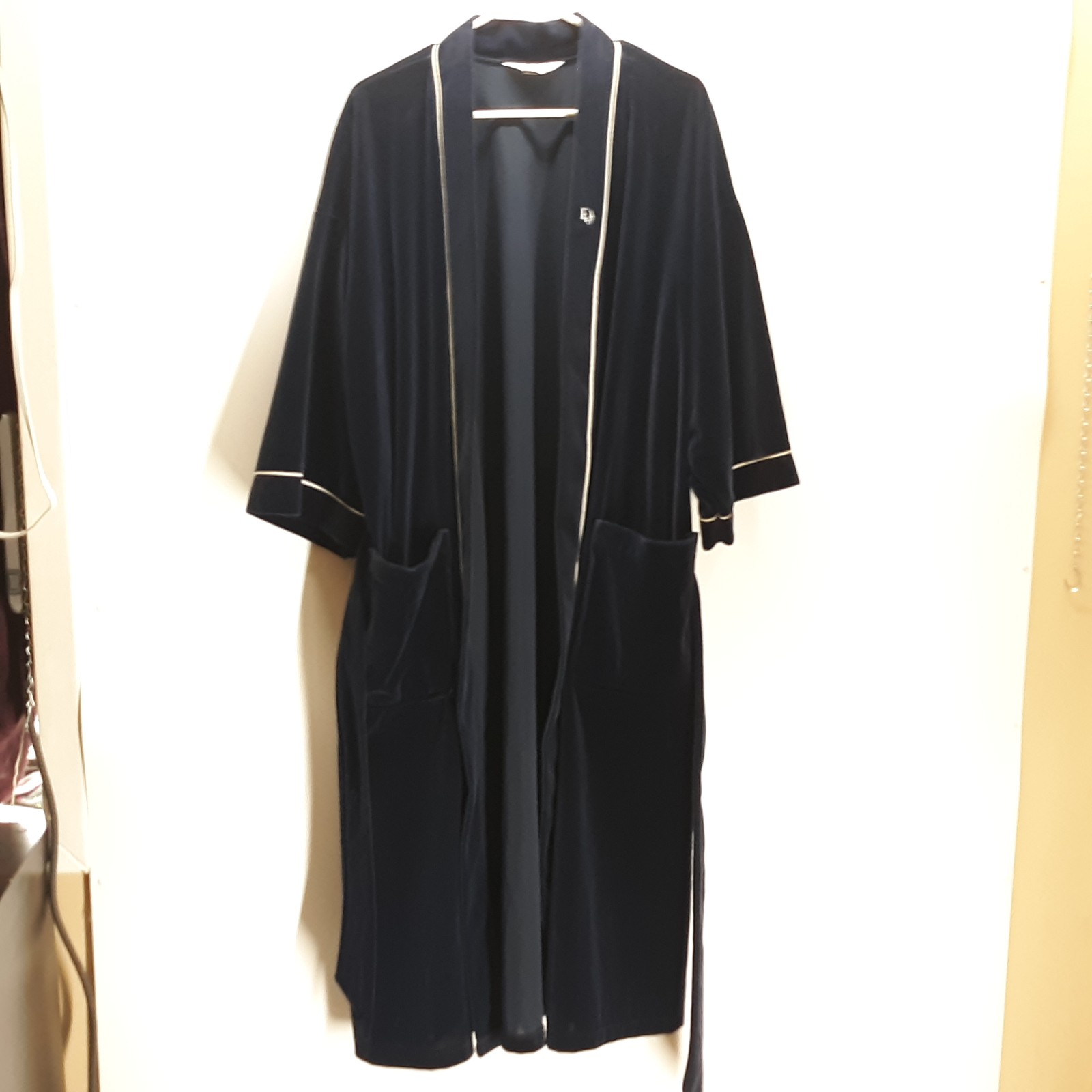 CHRISTIAN DIOR MONSIEUR One Size Robe Belted SOFT Navy Blue White Trim Vintage