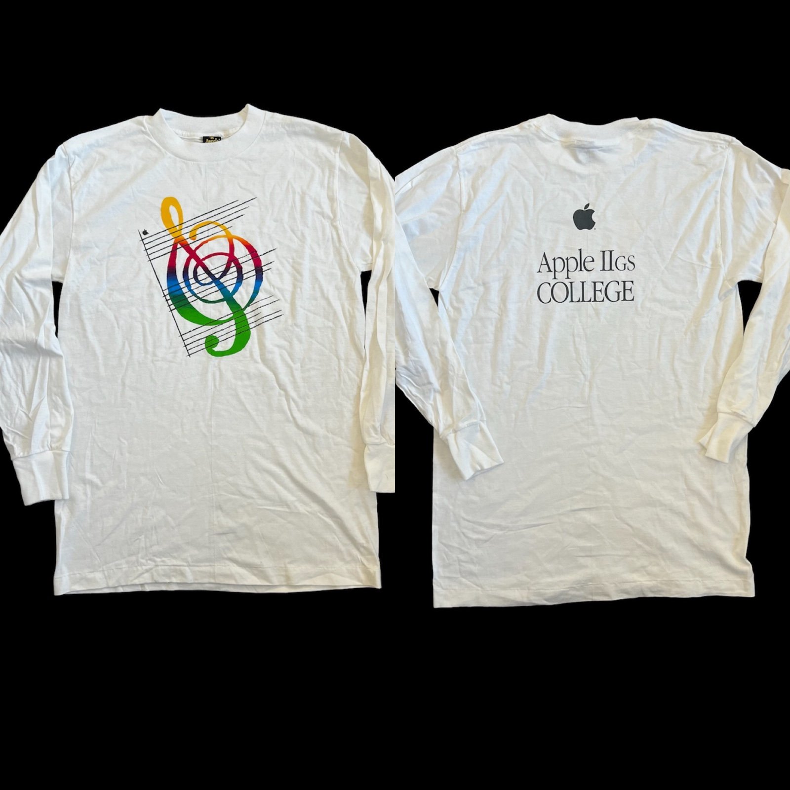 VTG Apple Macintosh IIGS College L/S T Shirt Sz M White Rainbow Treble Clef NWOT