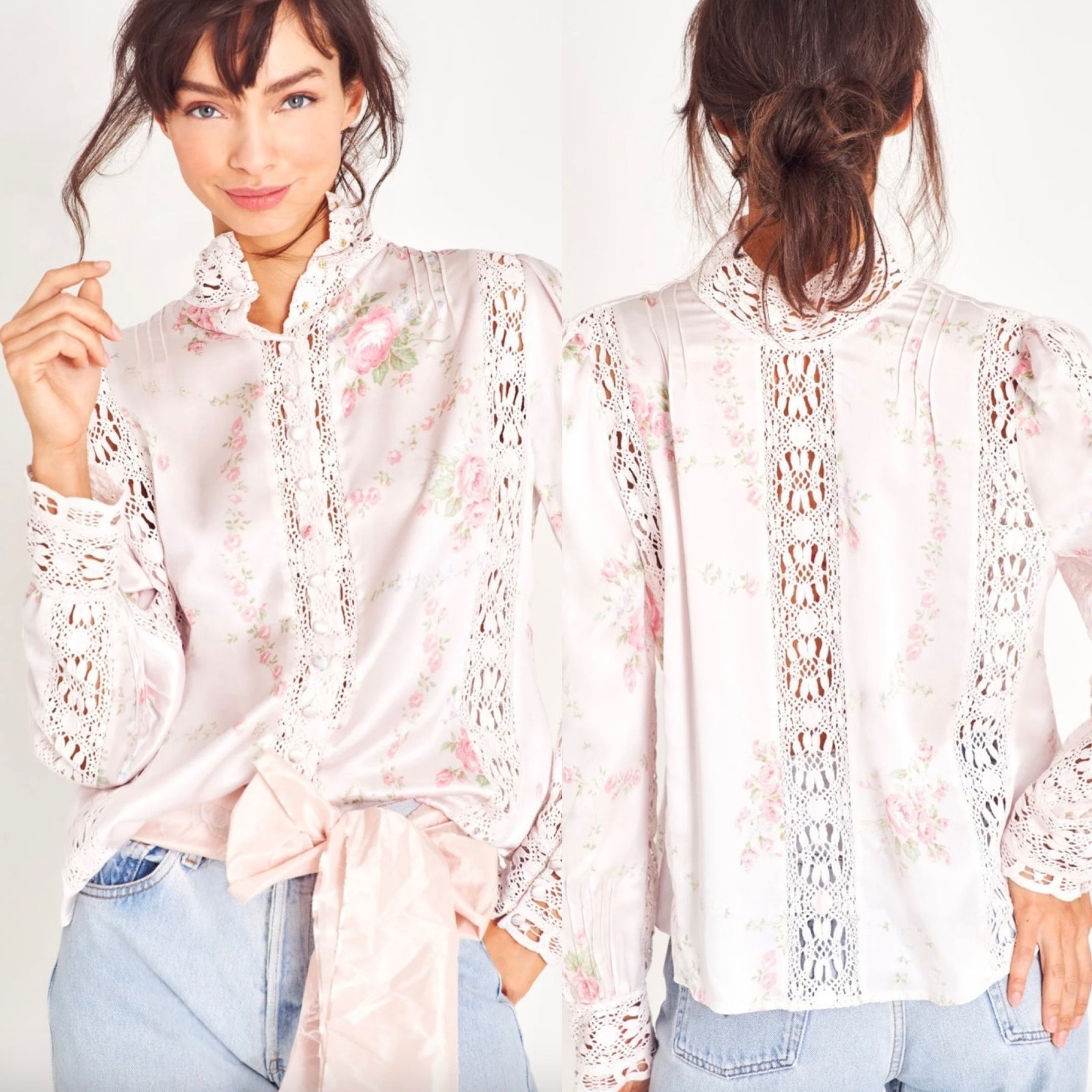 LoveShackFancy Jacque Silk Floral Lace Long Sleeve Top Angelic Pink Small New