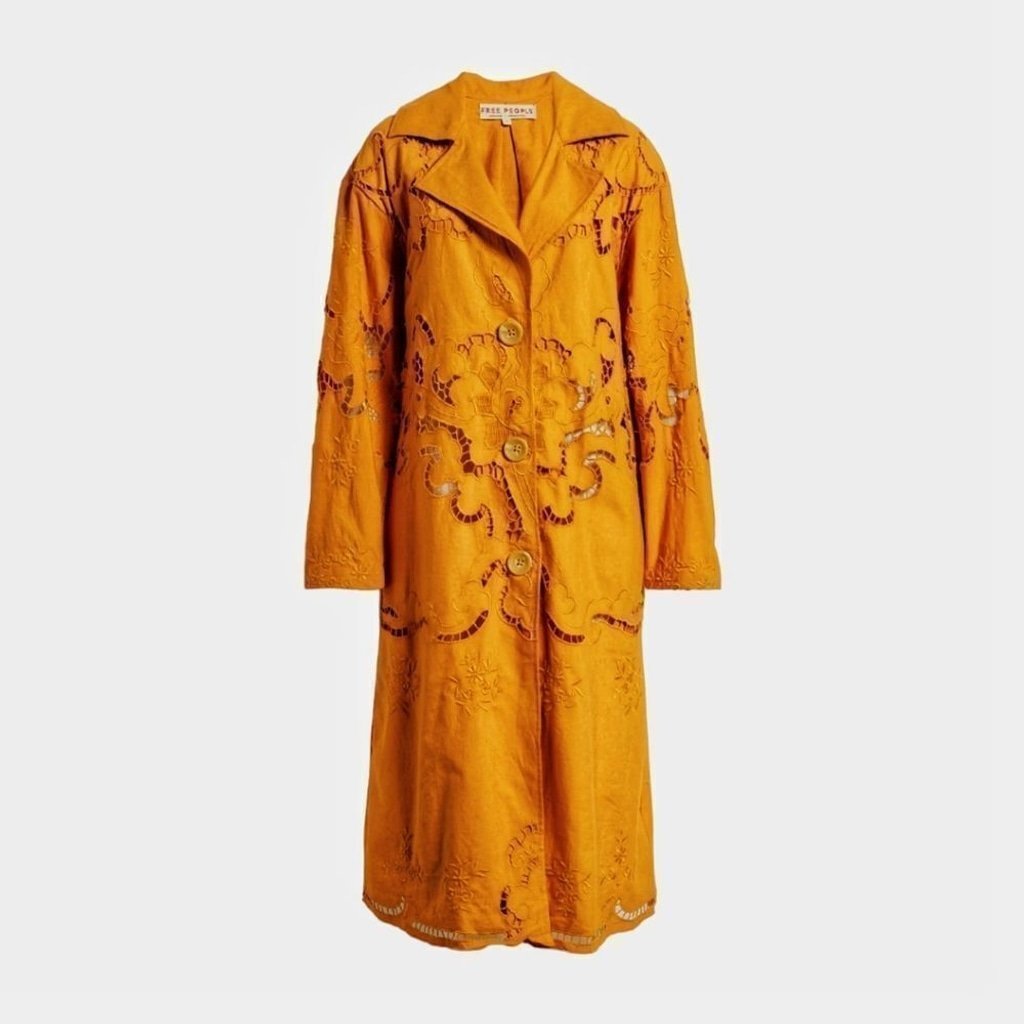 Free People Eyelet Linen Susanna Autumn Marigold Duster Jacket XS NWOT