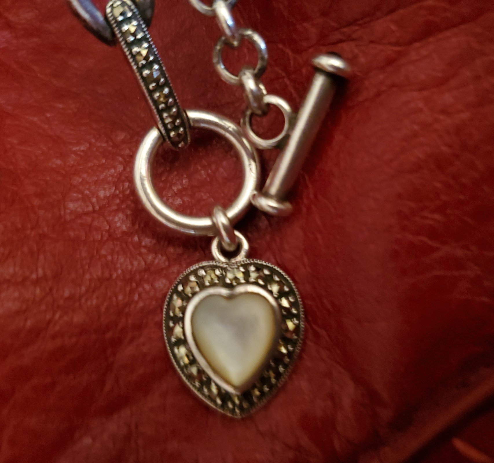 Heavy Vintage Sterling Silver Marcasite Amethyst Mother-of-Pearl Heart Choker