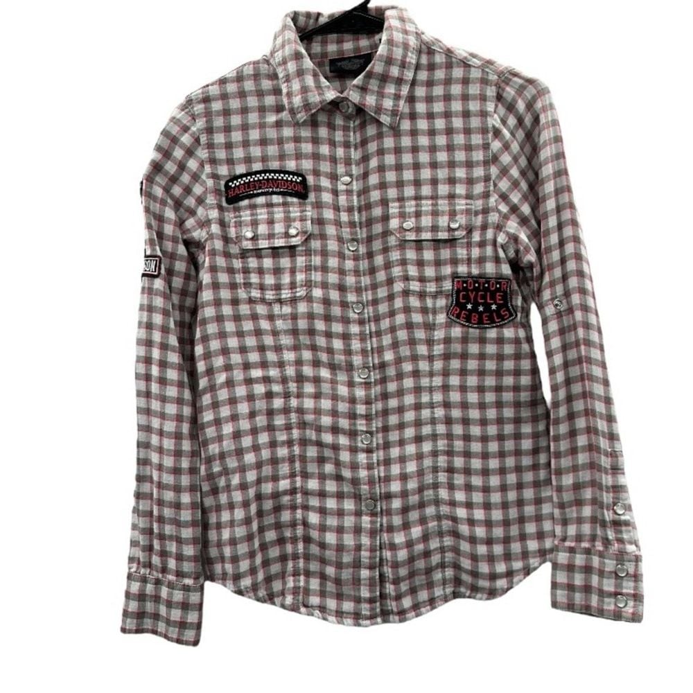 Harley Davidson HD Gray, White & Red Plaid Long Sleeve Button Down Shirt Sz S