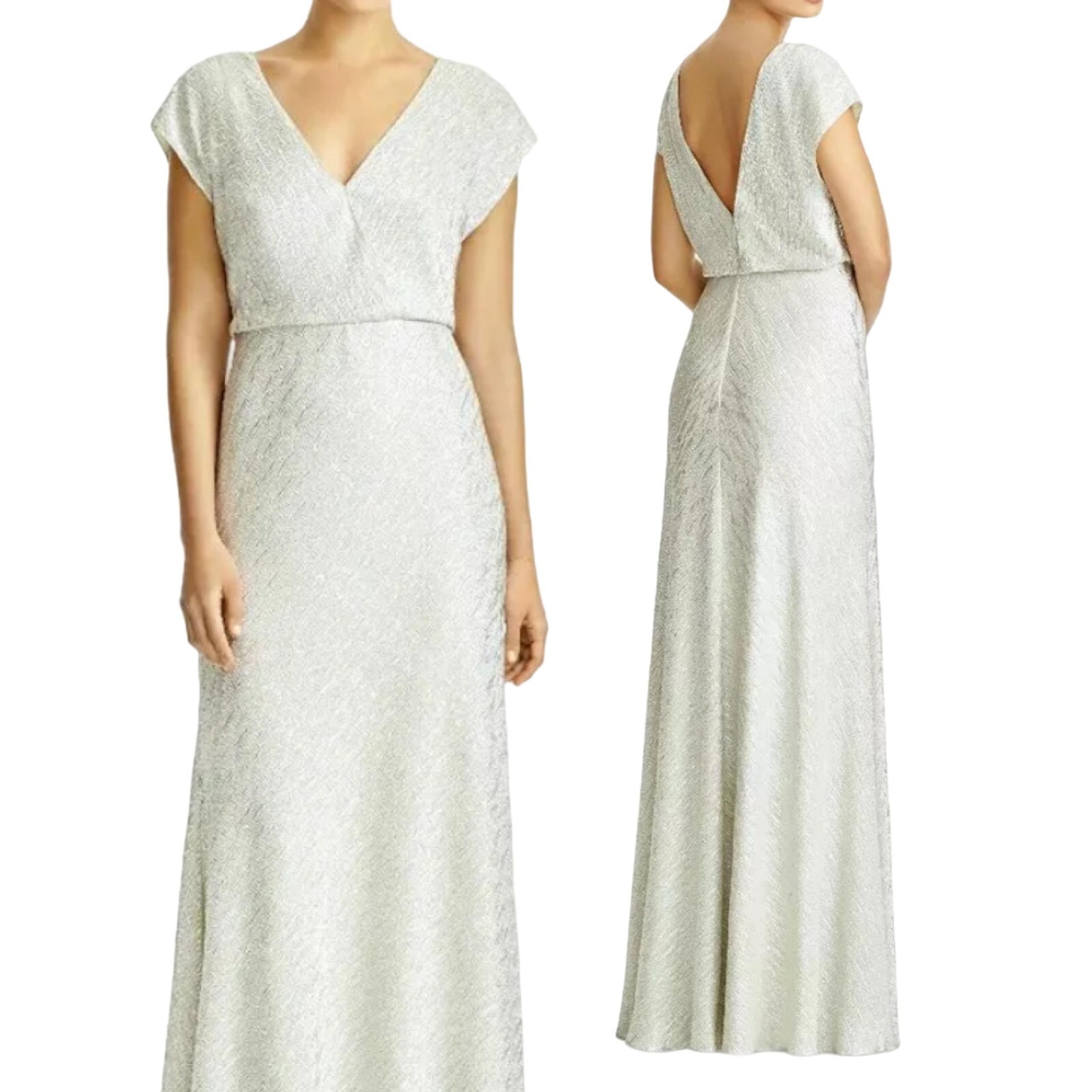 Jenny Yoo Gown Textured V Neck Surplice Cap Sleeves Maxi Dress Silver Crush 12