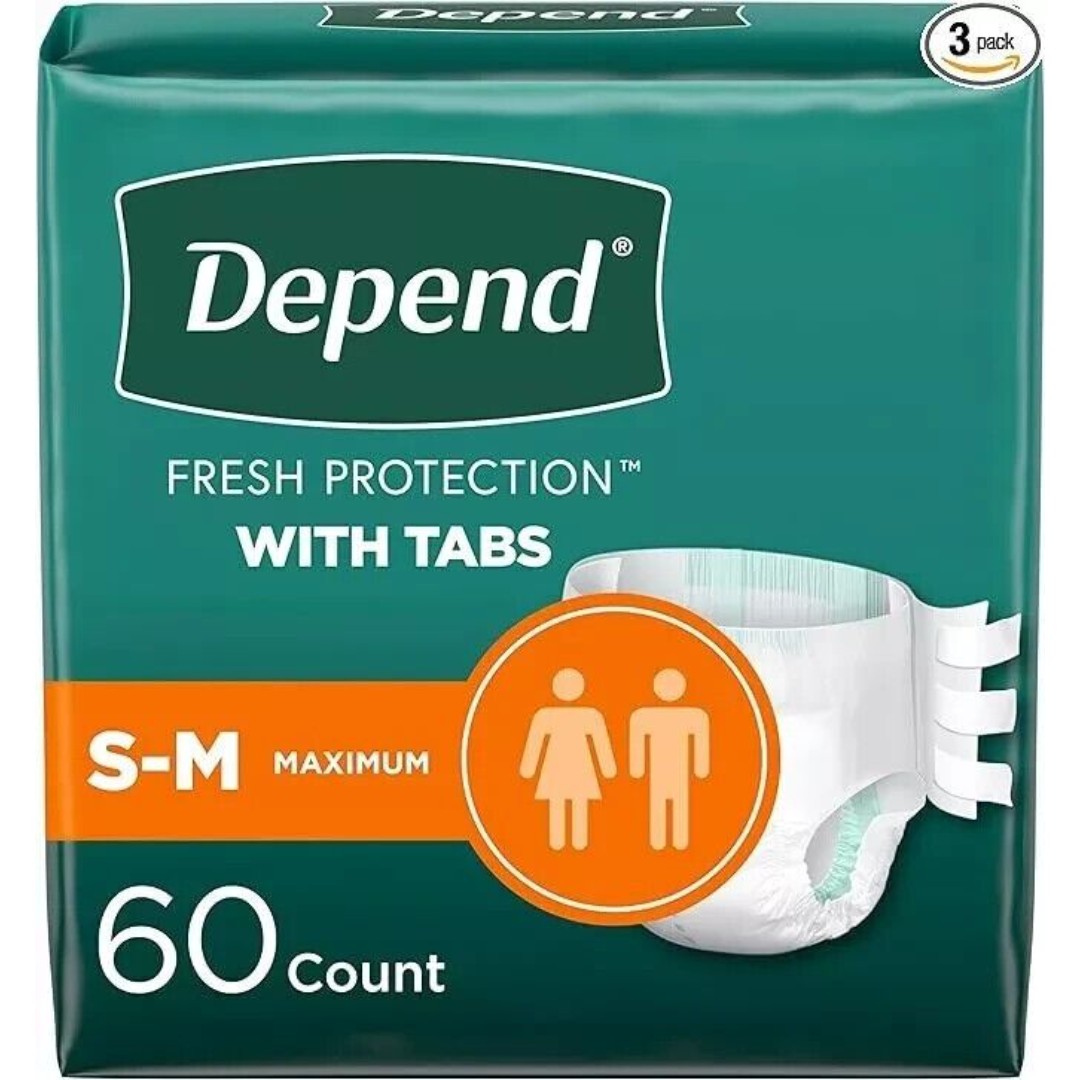 Depend Incontinence Protection with Tabs, Unisex Small/Medium 19–34 Waist, 60ct