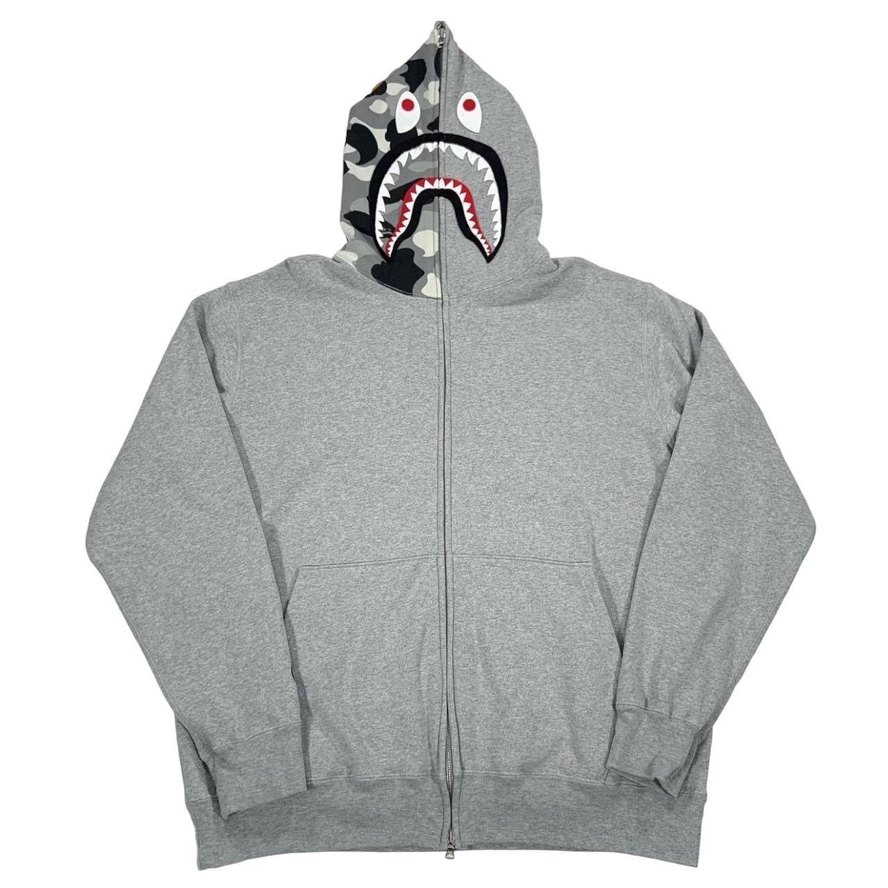 Vintage A Bathing Ape Bape Mens Gray Black & White Split Camo Shark Hoodie Sz XL