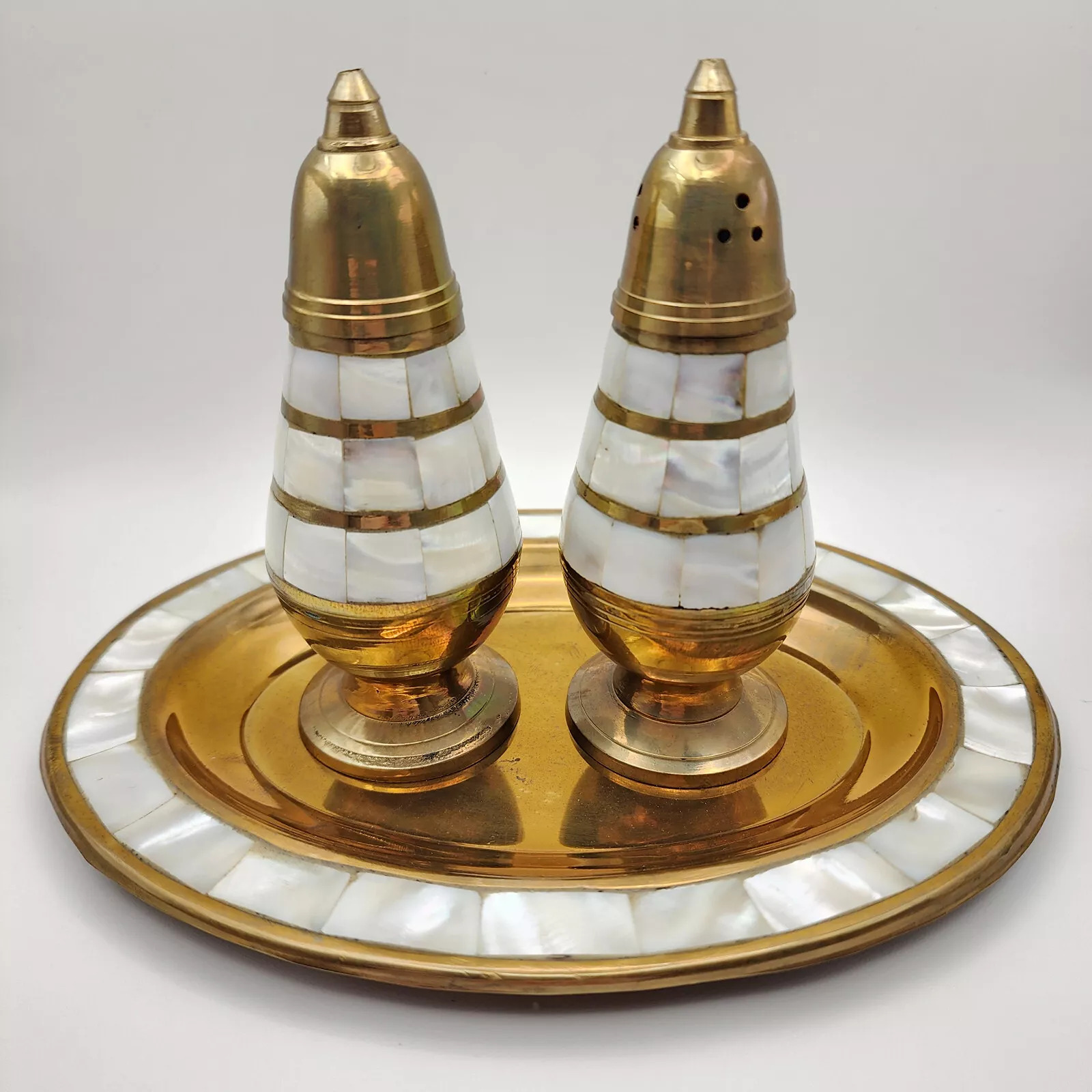 Vtg Made in India Brass Mother of Pearl Salt & and Pepper Shakers Set With Tray
