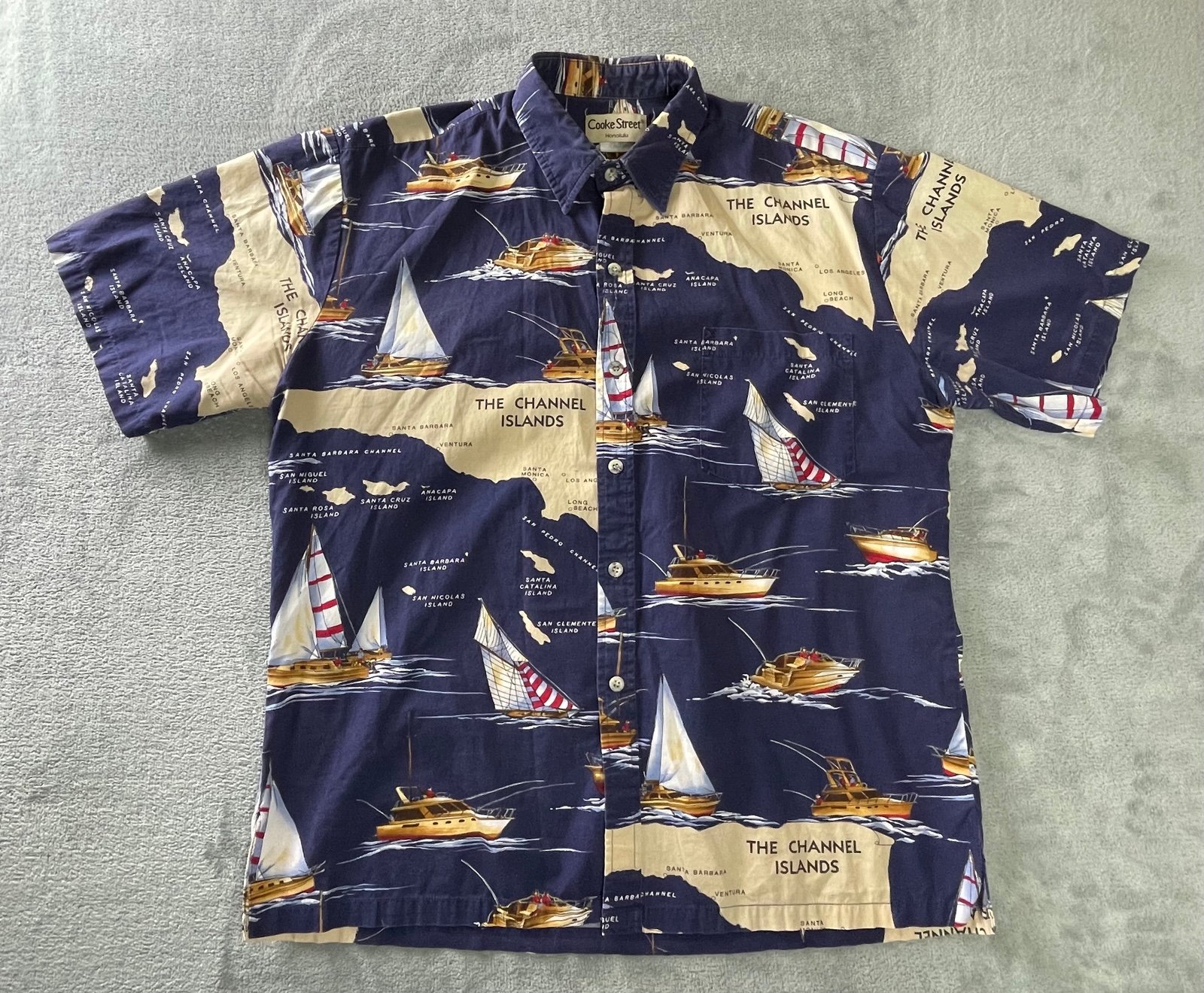 Cooke Street Honolulu Hawaiian Shirt Mens L Blue Channel Islands California VTG