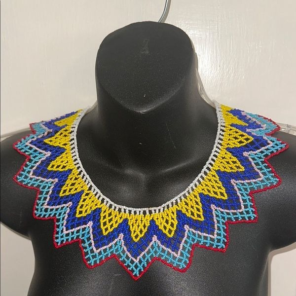 Vintage Native American white, yellow, blue, pink, aqua & red seed bead collar