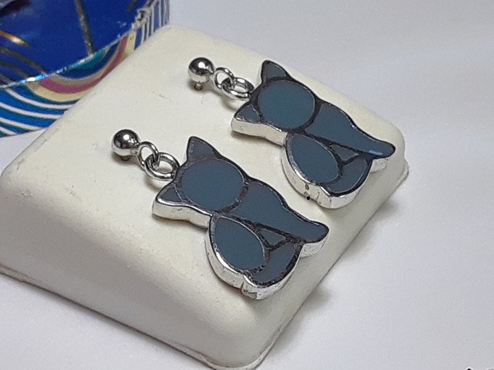 Estate 2Sided KittyCat with Blue/Grey Enamel Sterling Silver Dangle Earring19166