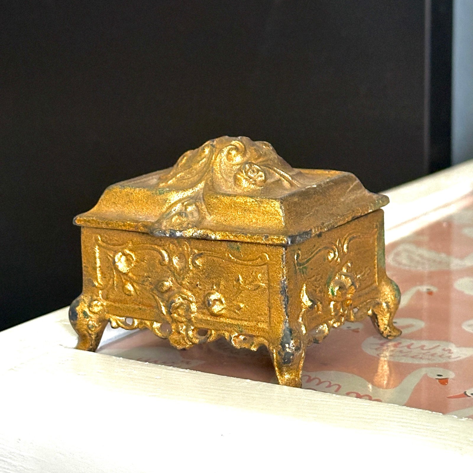 ANTIQUE ART NOUVEAU CAST GILT METAL JEWELRY TRINKET BOX LINED WEIDLICH BROS