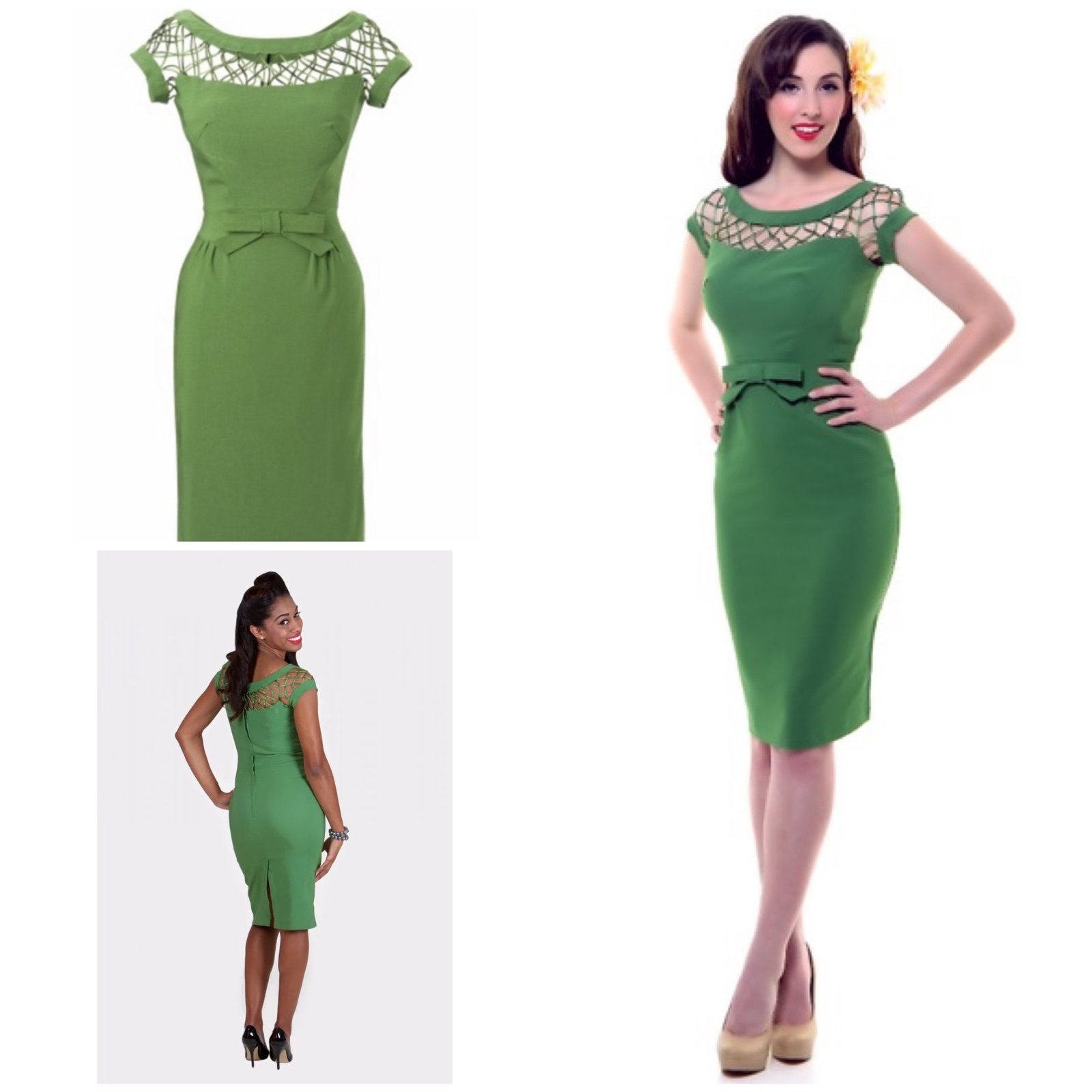 NWT Tatyana Alika Pencil Bow Lattice Draped Pinup Girl Retro Green Sheath Dress
