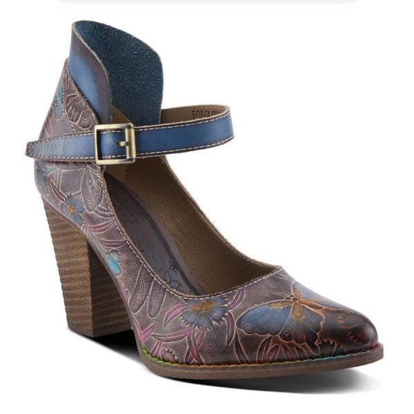 L'ARTISTE FOXGLOVE leather SHOES stacked heel butterfly embossed size 38/7.5-8