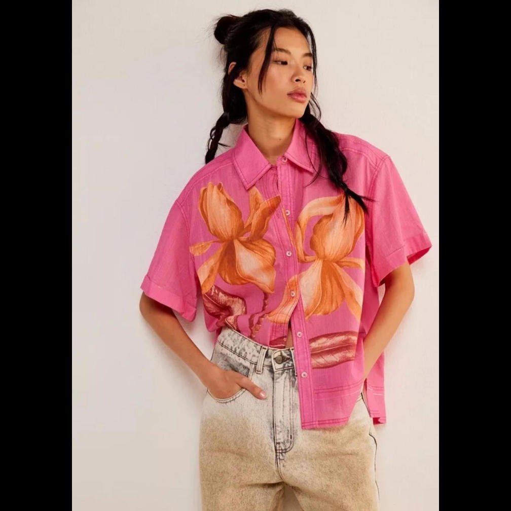 We The Free People Super Bloom Shirt Oversized Button Down Pink Floral Small