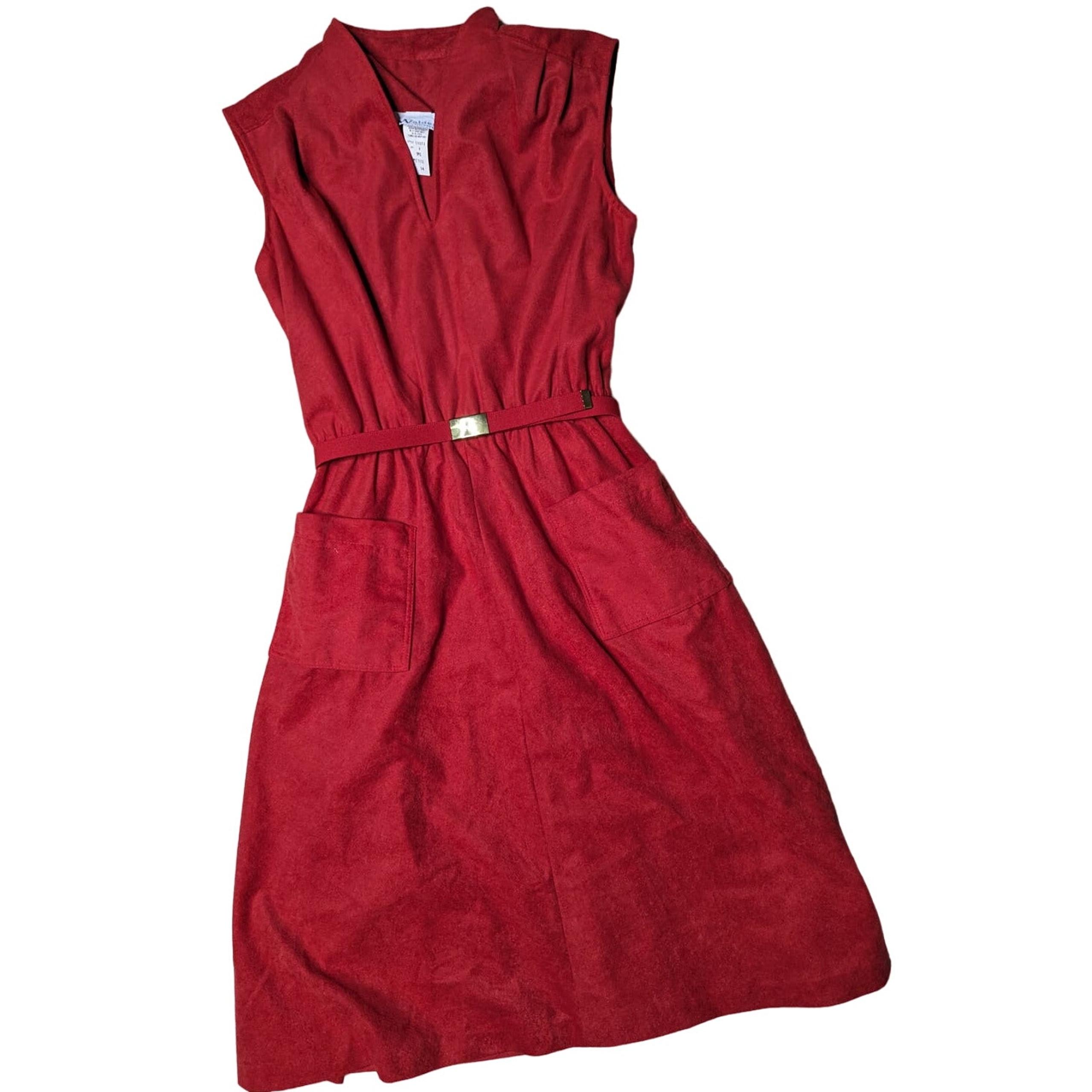 Vtg 1970s Walden Petite Red Faux Suede Sleeveless V-Neck Knee Length Dress 14