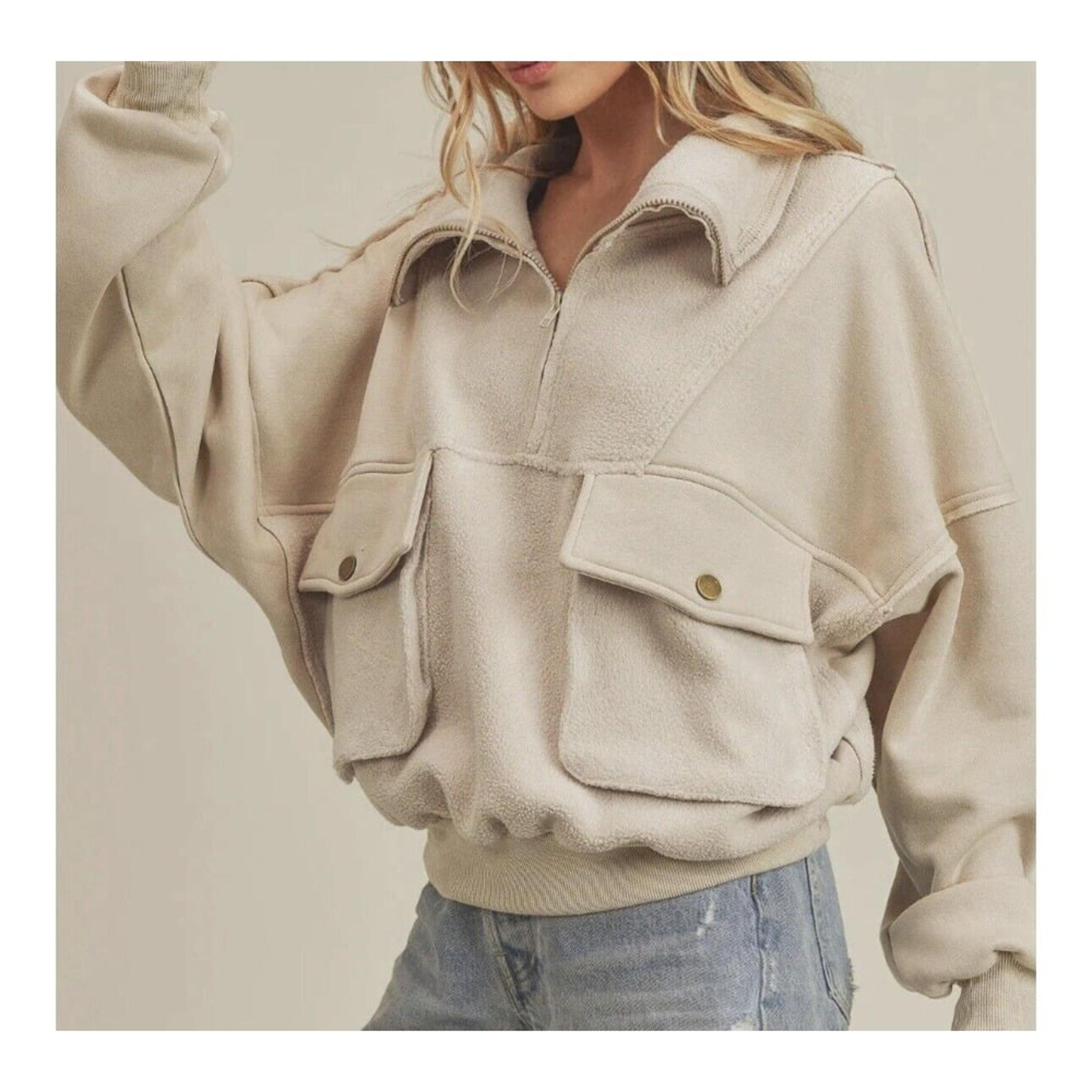 Women's Taupe Zip Pullover Size Large Cozy Fleece  New