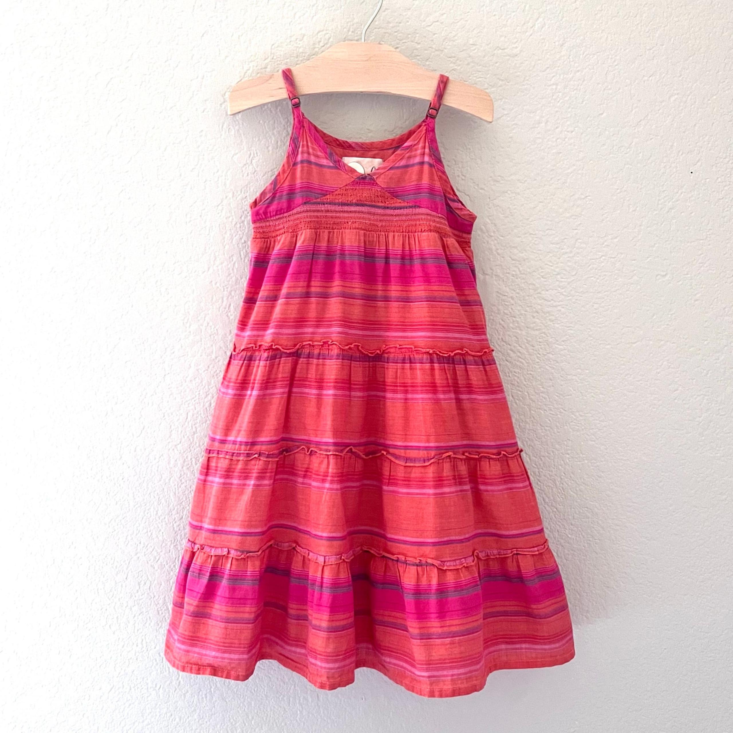 Peek Girl Sundress XS 2-3 Pink Orange Stripe Adjustable Straps Tiered Ruffle
