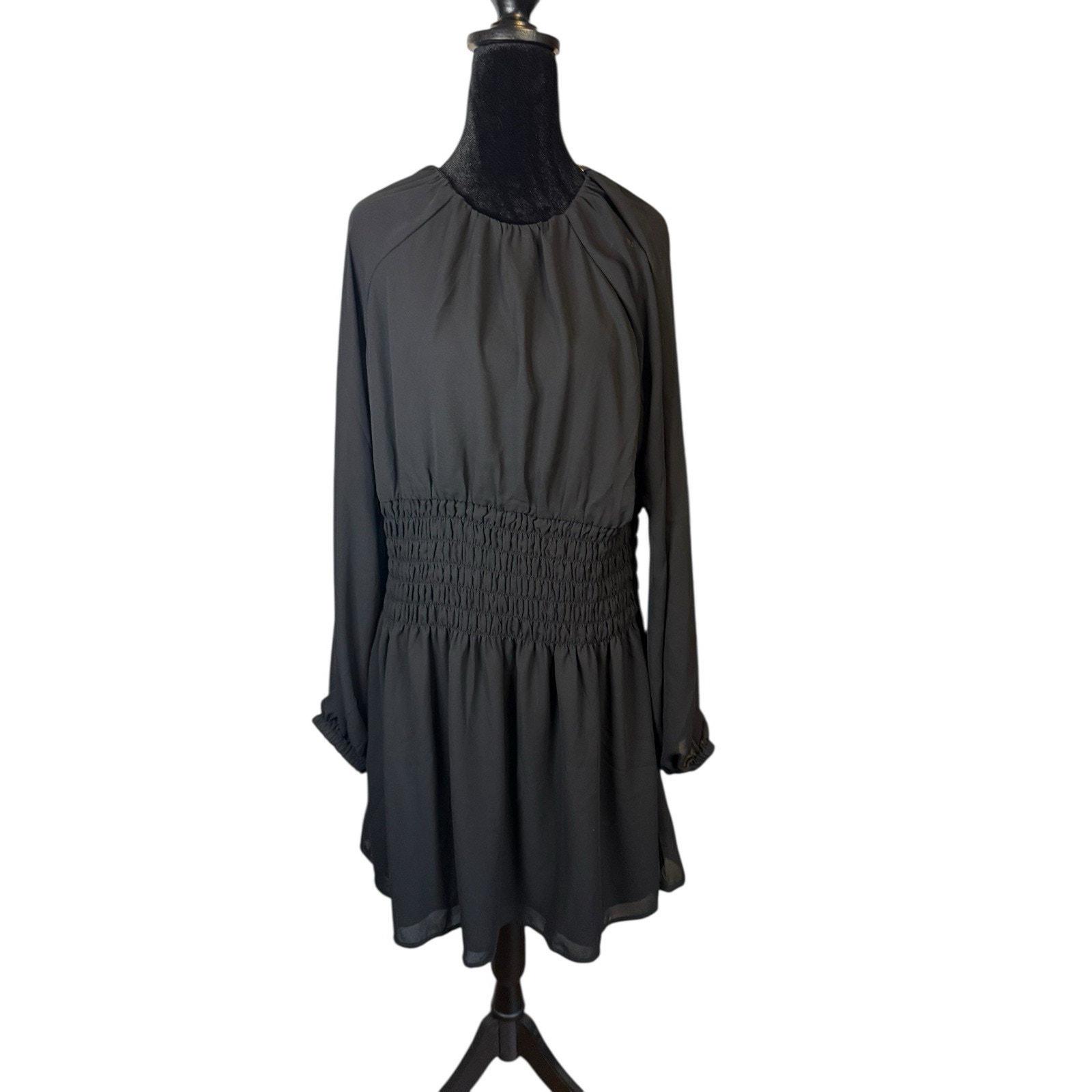 Madewell Black Long Sleeve Mini Dress Size Large Smocked Waist NWT