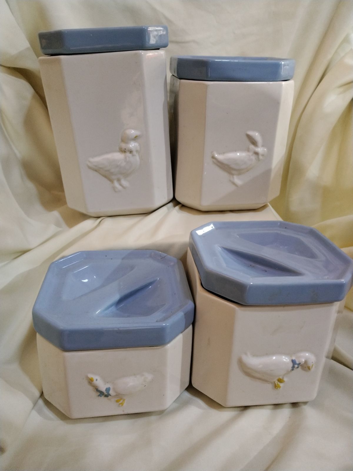 Vintage Pottery Blue and White Canister Set of Four Featuring Goose