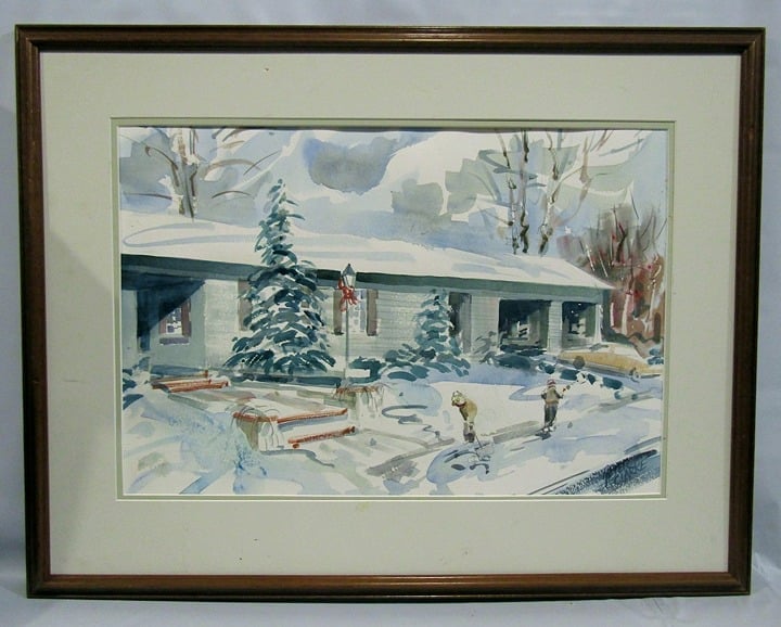 VTG Original Watercolor Painting Winter Scene by Peter Clarke