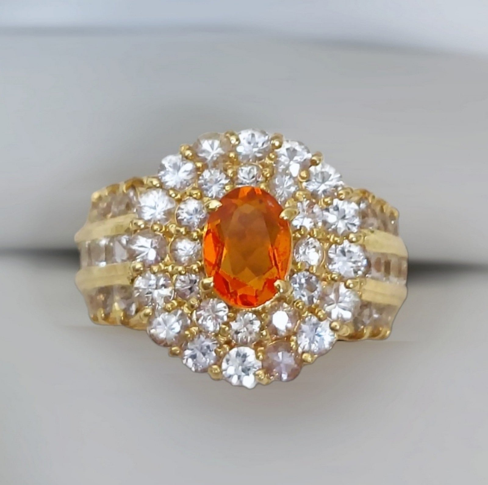 18k yellow Gold fire opal, white sapphire women's Ring