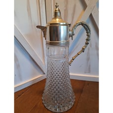 Vintage Diamond Cut Glass Carafe/Decanter/Pitcher w/silver Plated Handle/Spout