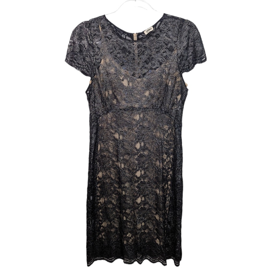 L'Agence Sheer Black Silver Lace Sheath Dress Tan Silk Slip Short Sleeve 10