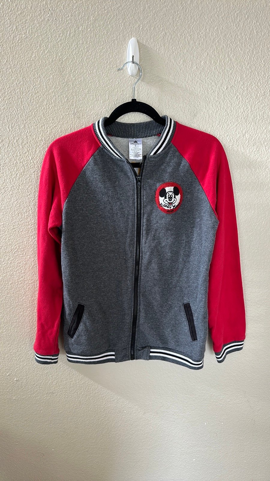 Disney Parks Youth Red and Gray Mickey Mouse Club Zip Up Varsity Jacket Size XL