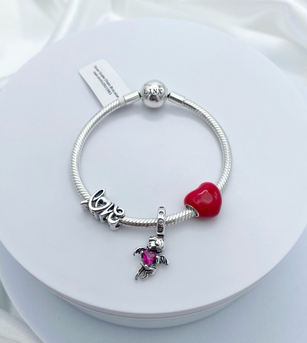 Linx Snake Chain Bracelet with Heart and Love Themed Charms