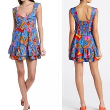 Farm Rio Macaw Blue Party Tiered Linen Viscose Sleeveless Mini Dress Medium NEW