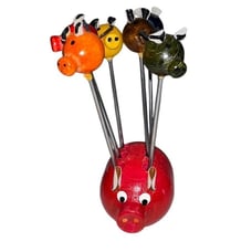 Vintage Counterpoint MCM Wooden Pig Cocktail Fork Holder & Forks Japan Kitsch