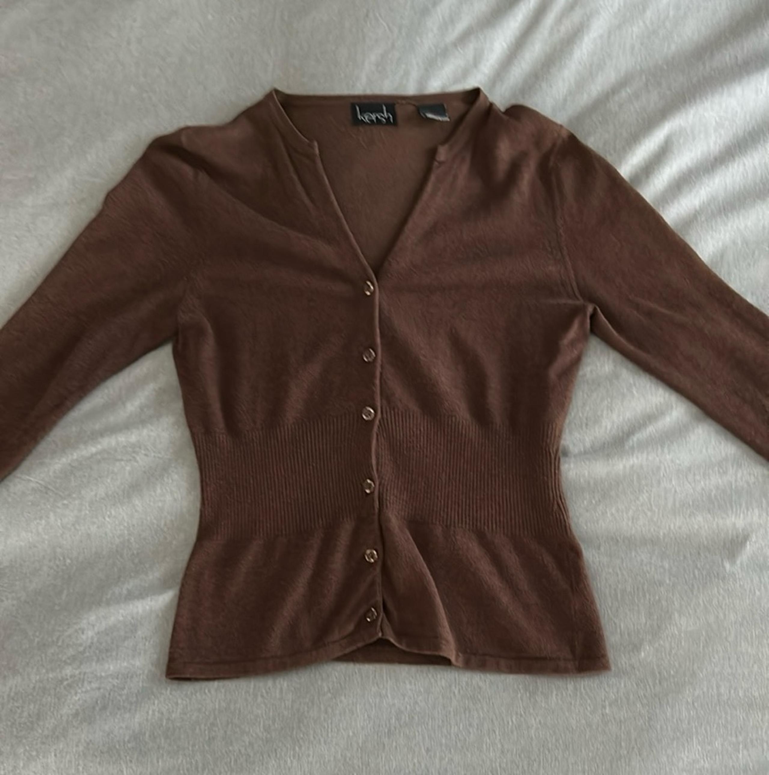 Kersh Brown V-Neck Button-Up Sweater, 3/4 sleeves, medium