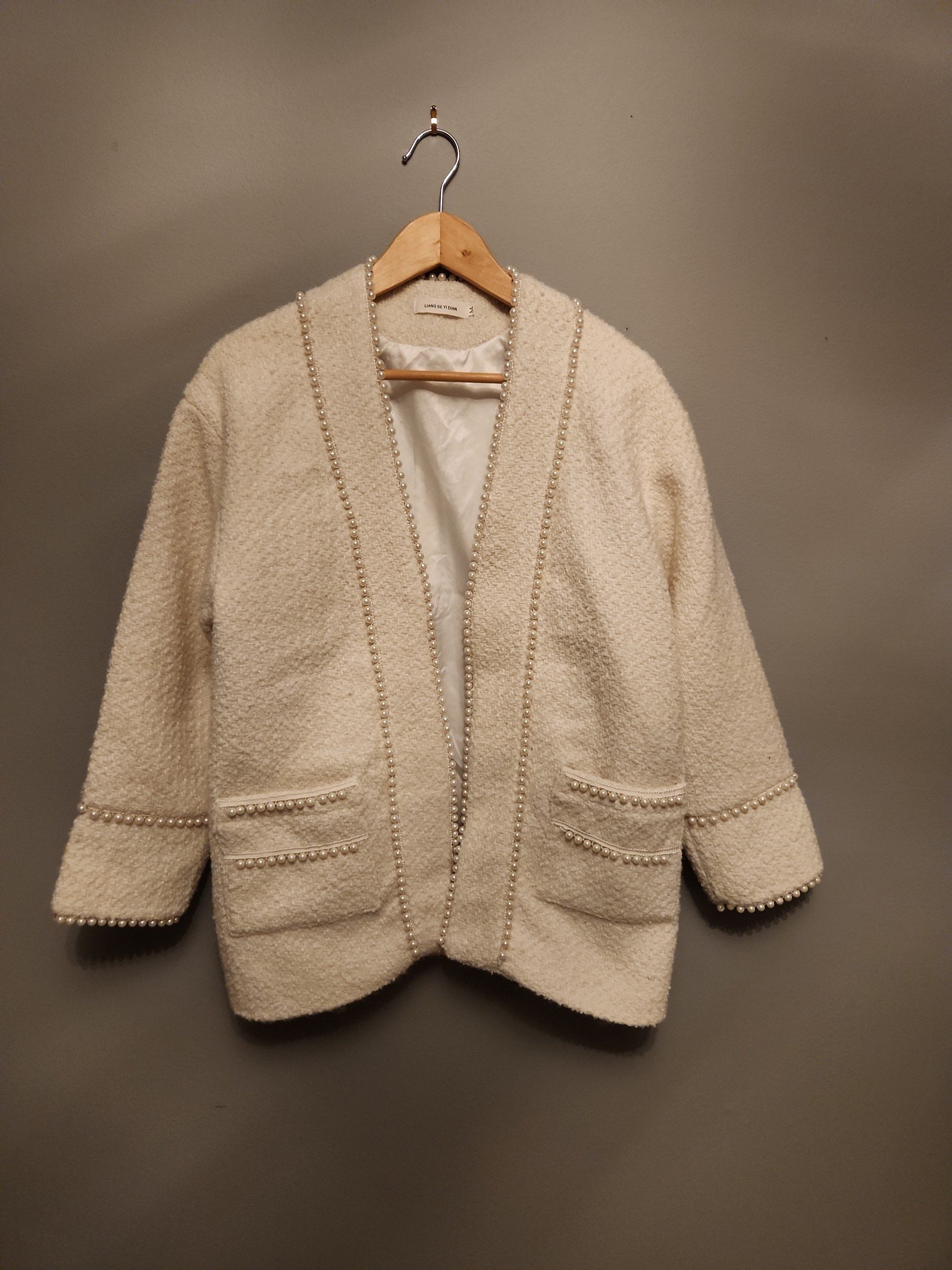 Tweed white pearl oversized cardigan blazer