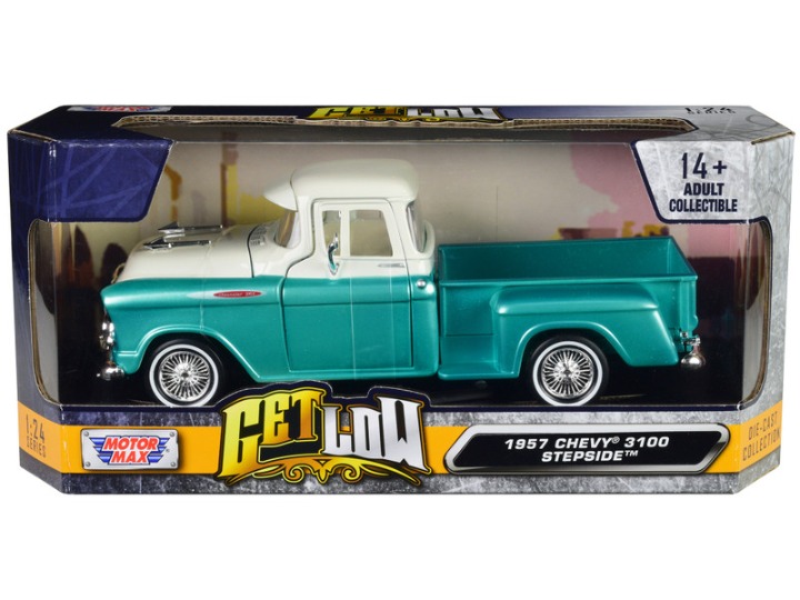 1957 Chevrolet 3100 Stepside Pickup Truck Lowrider Turquoise Metallic and White